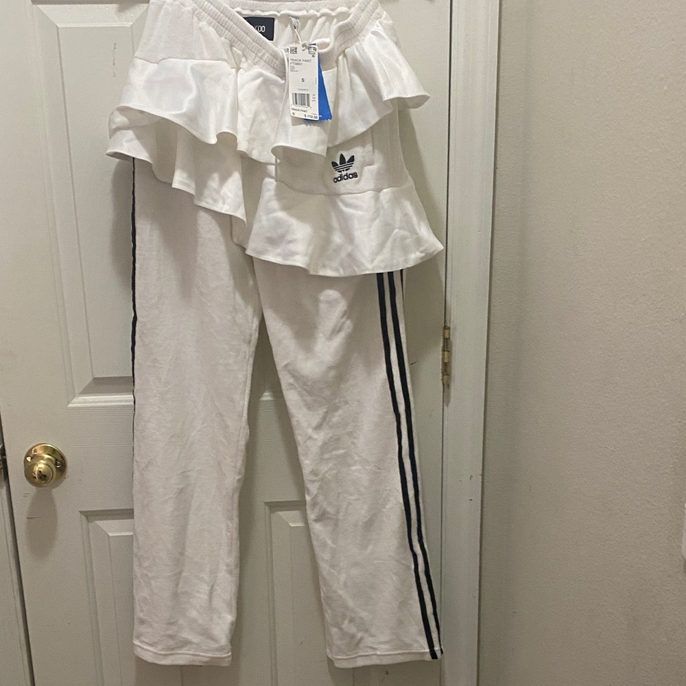 JKOO Adidas White Track Pants with Ruffle and Black Stripes